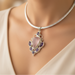 Load image into Gallery viewer, Large Pendant of Rose Quartz Gemstone surrounded by Amethysts in Silver