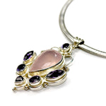 Load image into Gallery viewer, Large Pendant of Rose Quartz Gemstone surrounded by Amethysts in Silver