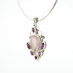 Load image into Gallery viewer, Large Pendant of Rose Quartz Gemstone surrounded by Amethysts in Silver