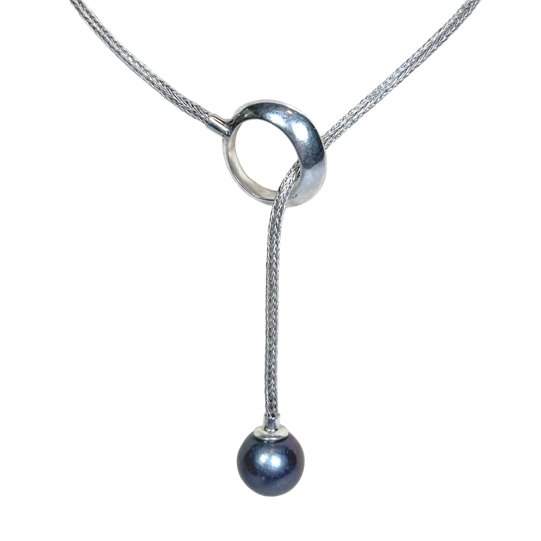 Black Freshwater Pearl with Adjustable Silver Lariat