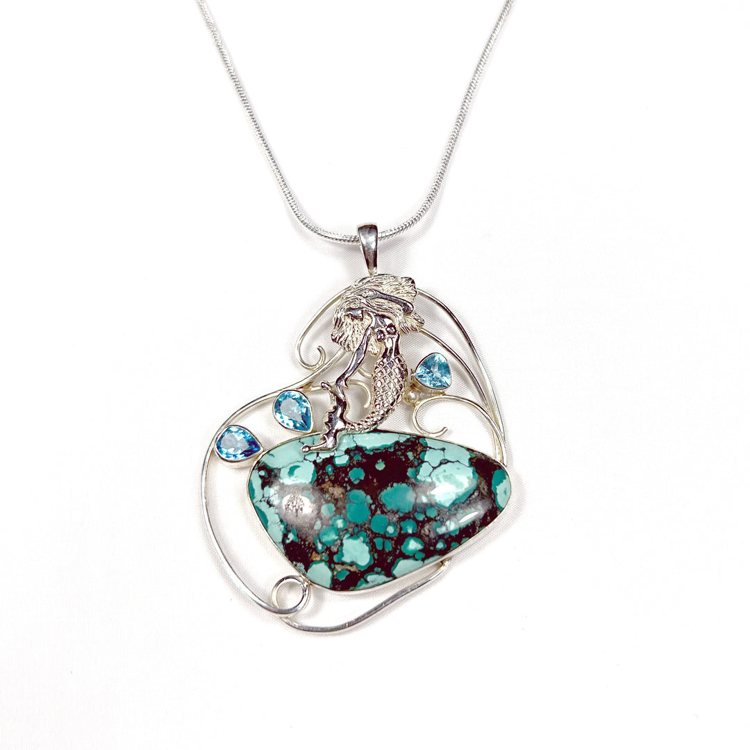 Tibetian Turquoise Pendant with Topaz and Silver Mermaid