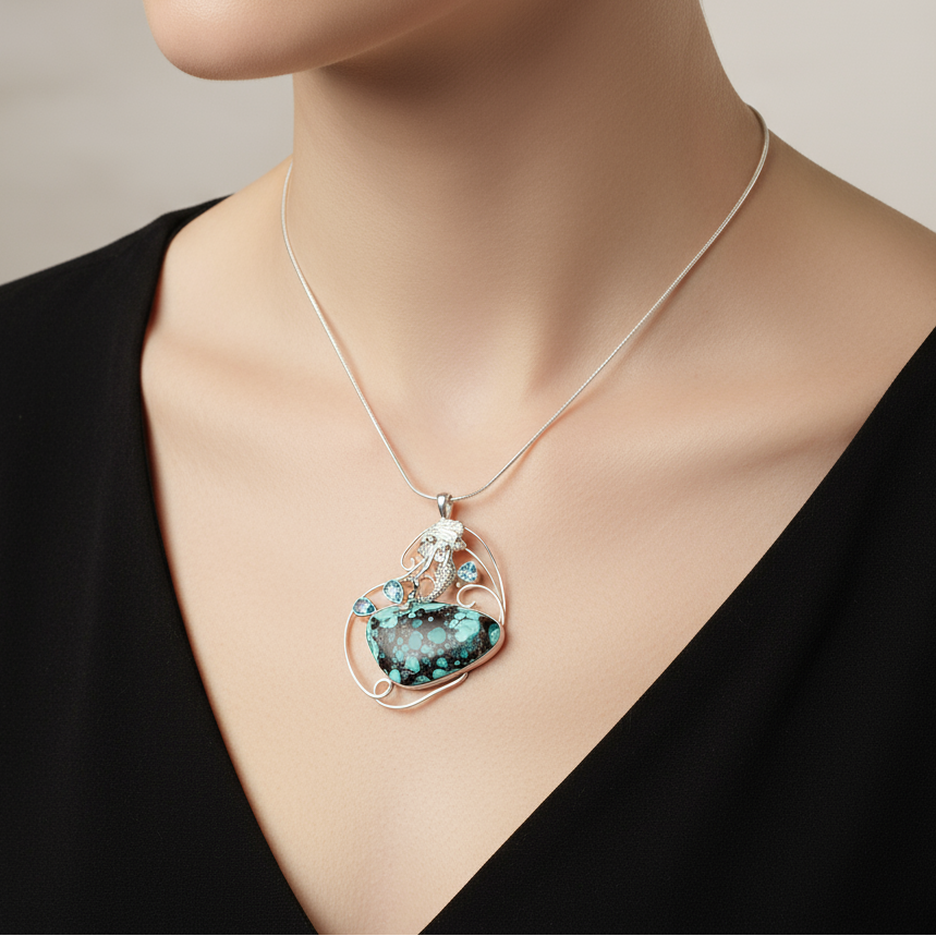 Tibetian Turquoise Pendant with Topaz and Silver Mermaid