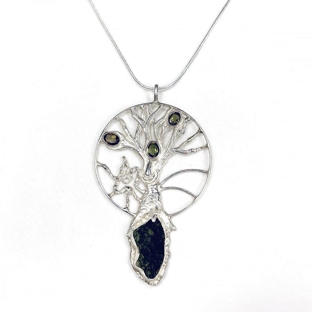 Moldavite Tree of Life Pendant with Rough and Faceted gem Moldavite