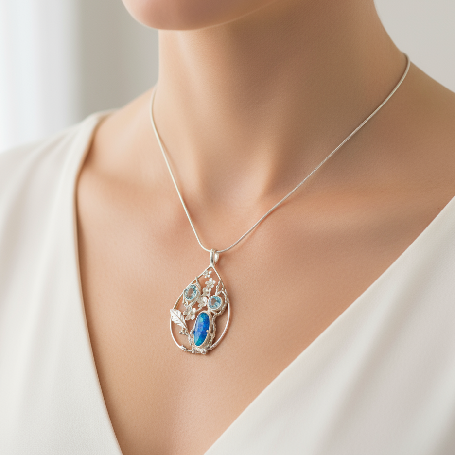 Australian Opal Doublet Pendant with Topaz and Silver Floral Design