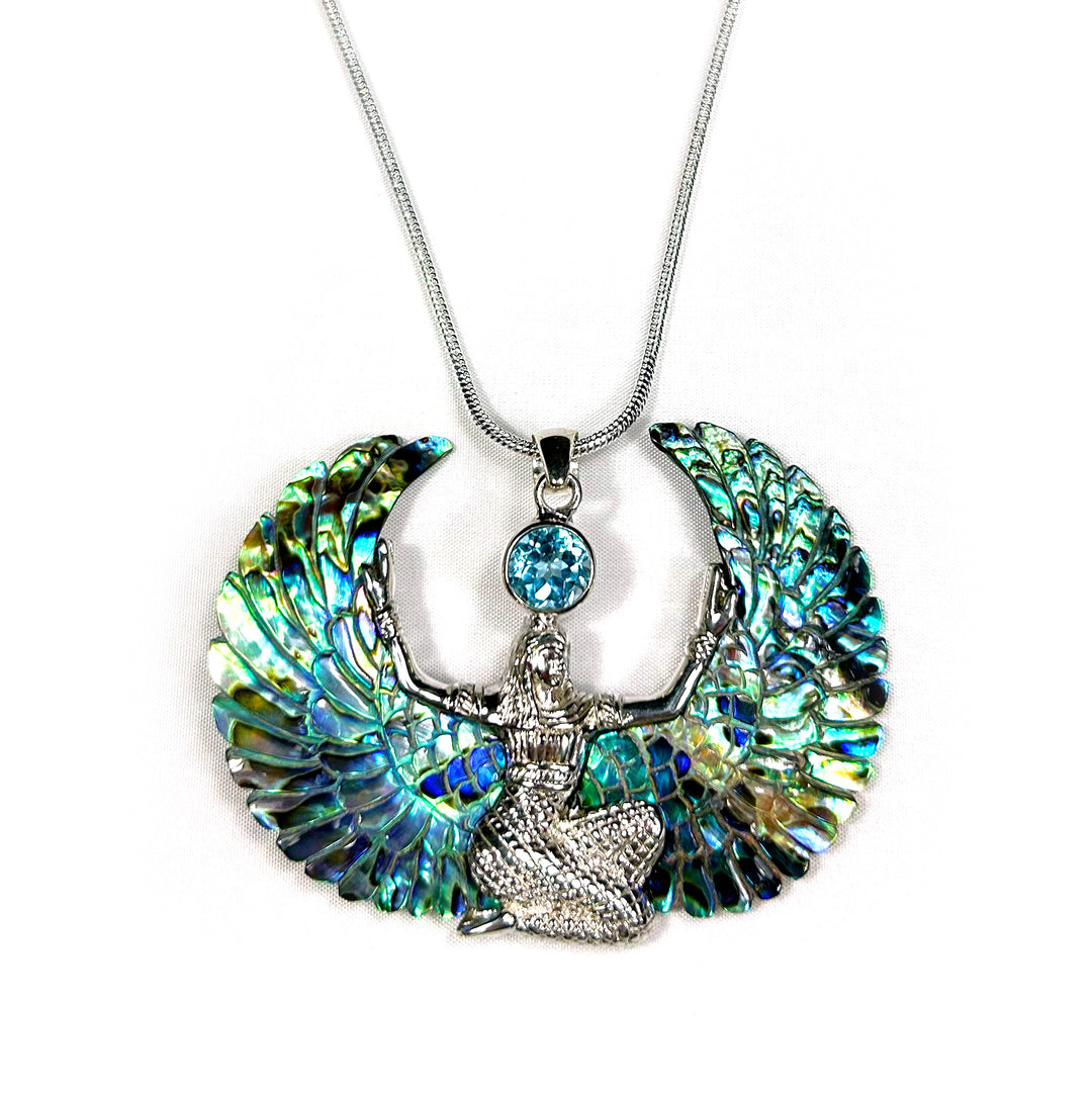 Egyptian Goddess Silver Isis Pendant with Hand Carved Abalone Wings and Topaz