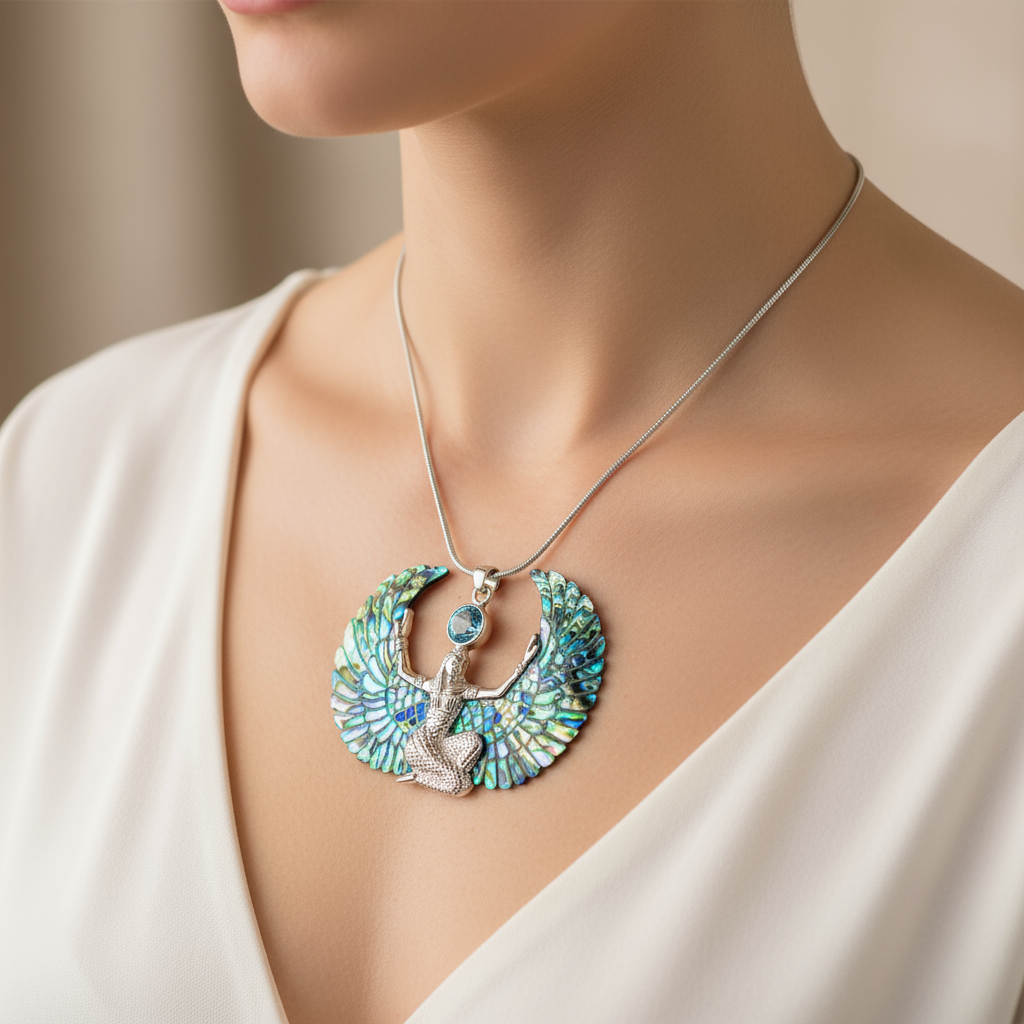 Egyptian Goddess Silver Isis Pendant with Hand Carved Abalone Wings and Topaz