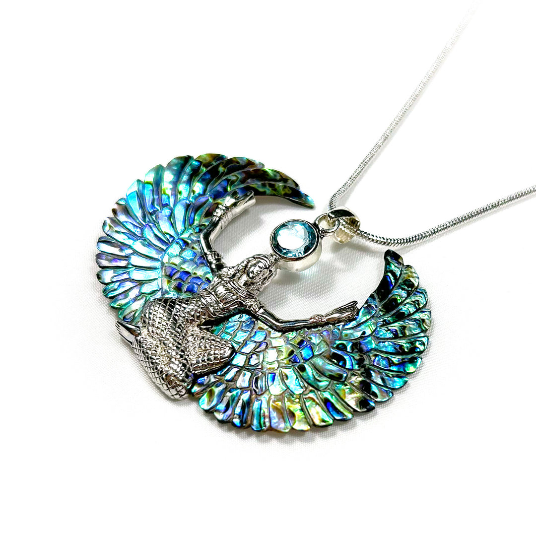 Egyptian Goddess Silver Isis Pendant with Hand Carved Abalone Wings and Topaz