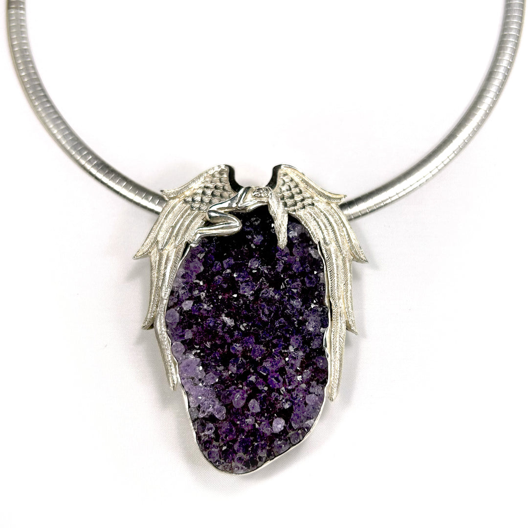 Large Amethyst Crystal Drusy Pendant with Silver Sleeping Angel Design