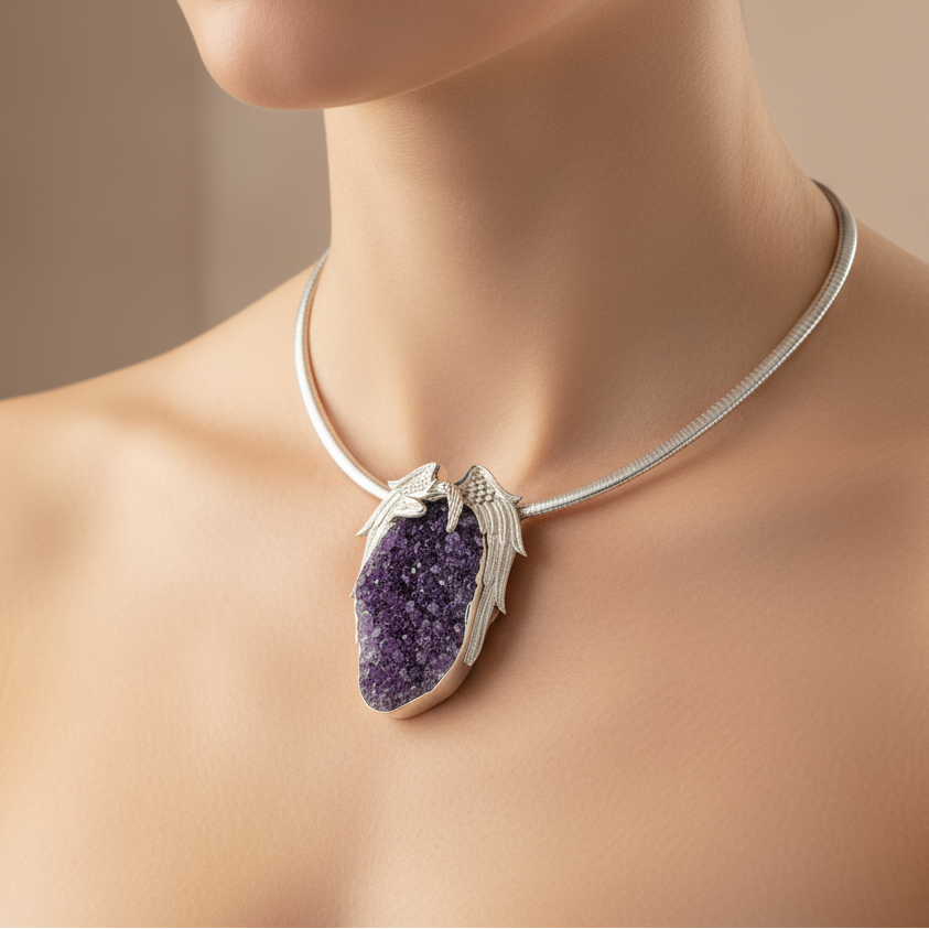 Large Amethyst Crystal Drusy Pendant with Silver Sleeping Angel Design