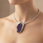 Load image into Gallery viewer, Large Amethyst Crystal Drusy Pendant with Silver Sleeping Angel Design
