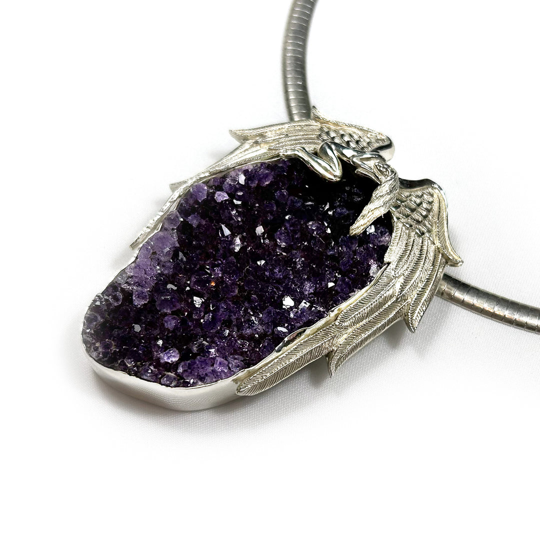 Large Amethyst Crystal Drusy Pendant with Silver Sleeping Angel Design