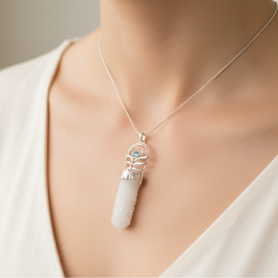 Solar quartz crystal pendant with topaz in sterling silver