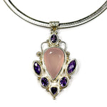 Load image into Gallery viewer, Large Pendant of Rose Quartz Gemstone surrounded by Amethysts in Silver
