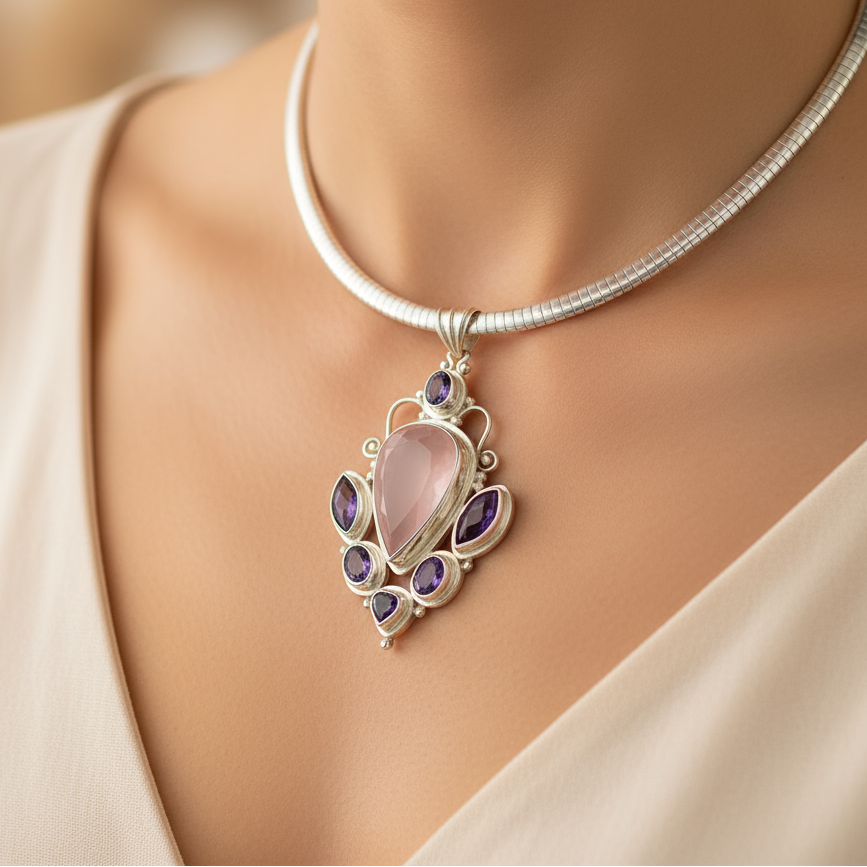 Large pendant of rose quartz gemstone surrounded by amethysts in silver