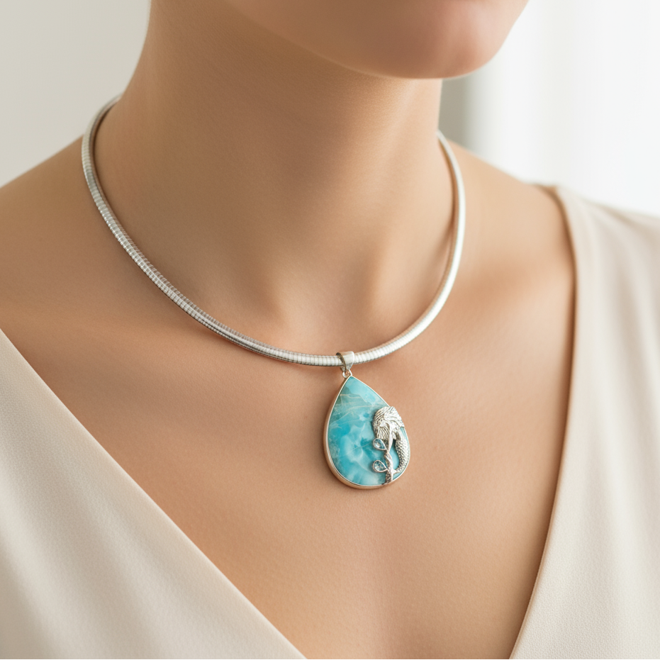 Pear Shape Larimar Pendant with Silver Mermaid Detail and Topaz