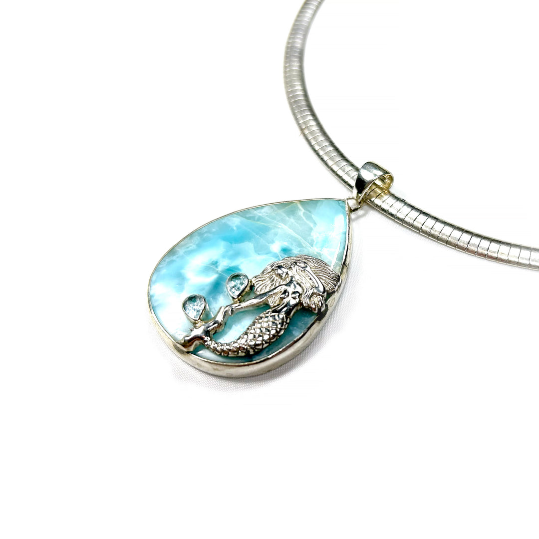 Pear Shape Larimar Pendant with Silver Mermaid Detail and Topaz