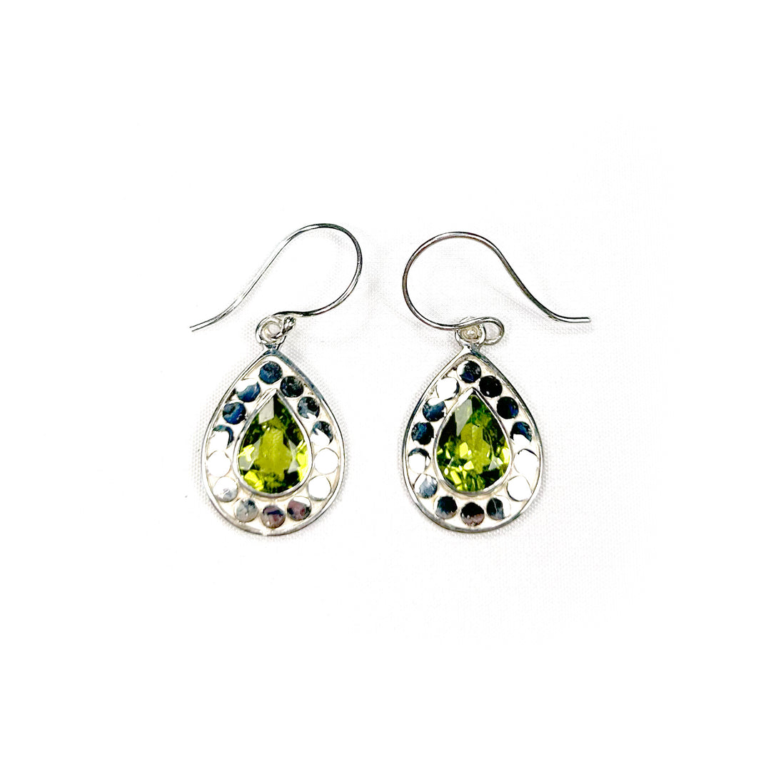 Peridot pear silver earrings with silver ball detail