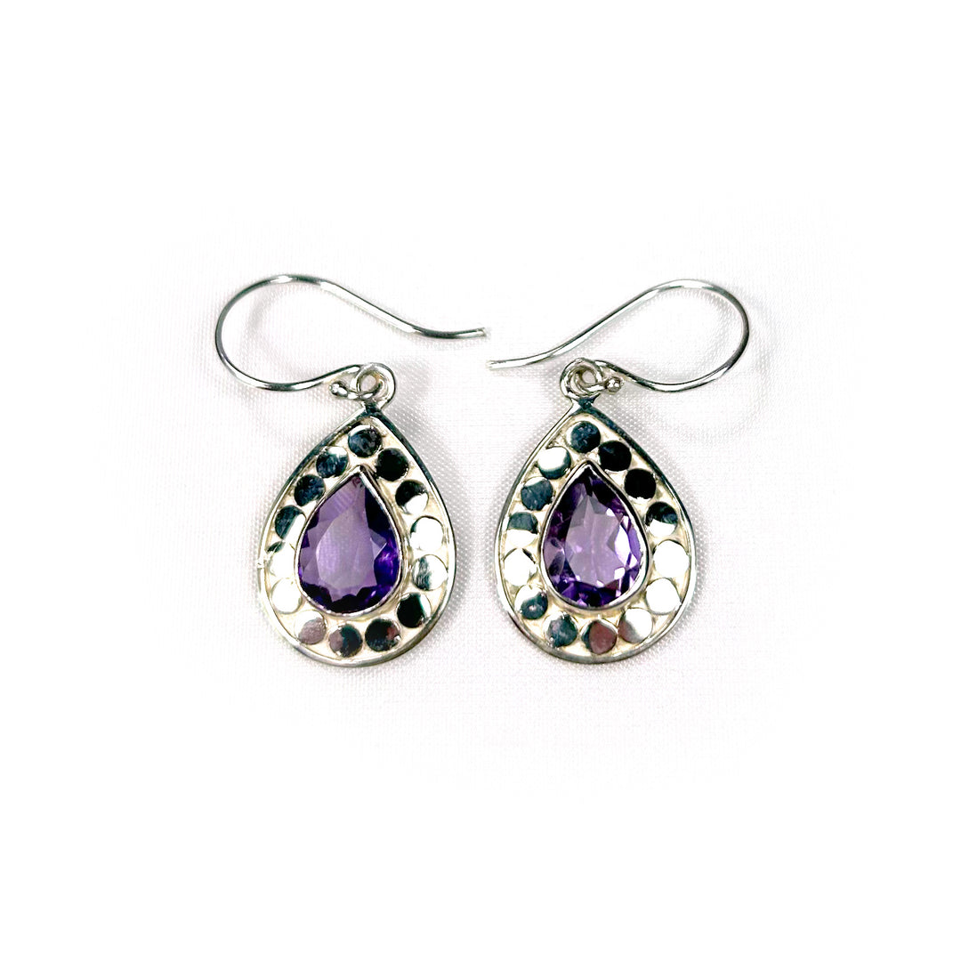 Amethyst pear silver earrings with silver ball detail