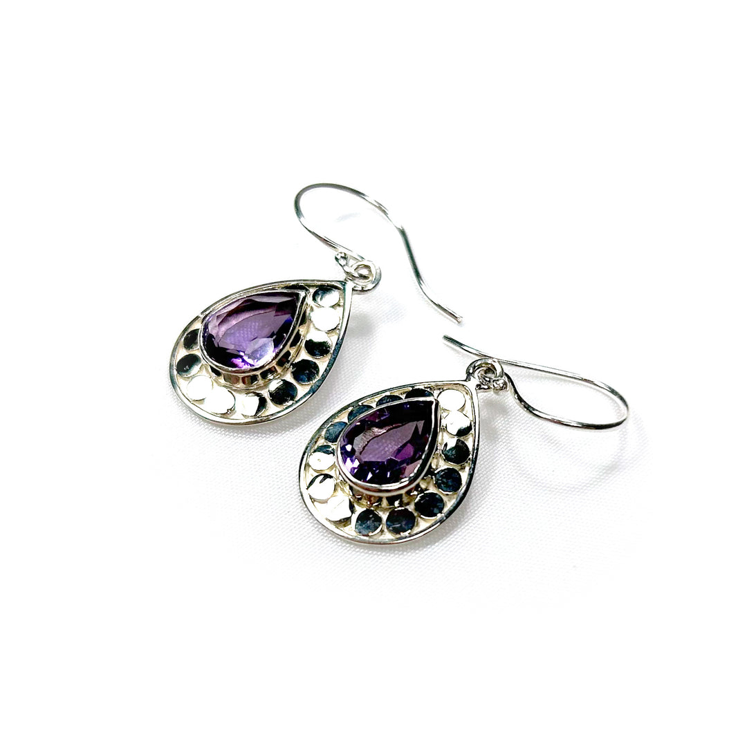 Amethyst pear silver earrings with silver ball detail