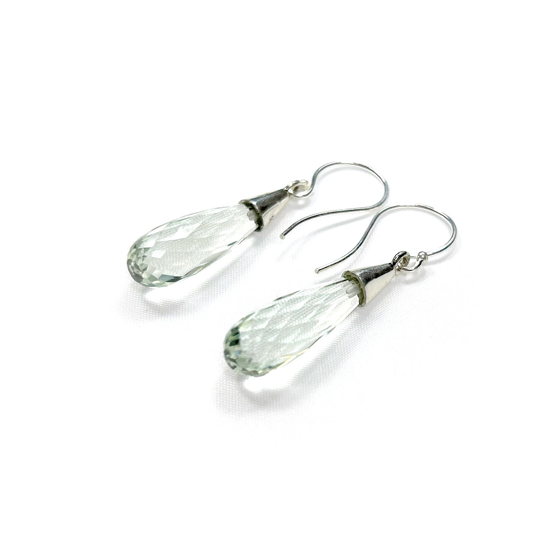Prasiolite Quartz Briolette Drop Earrings with silver Cap