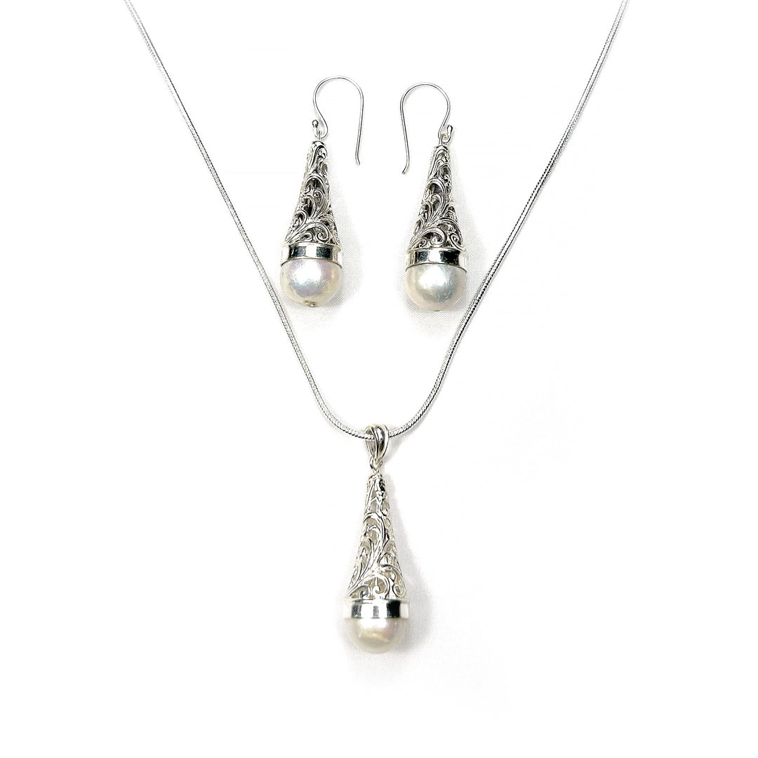 South Sea Pearl Filligree Drop Earrings and Pendant Set