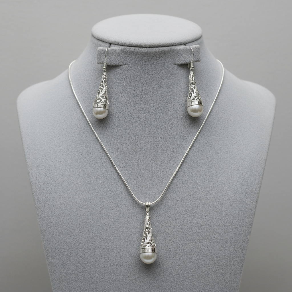 South sea pearl filligree drop earrings and pendant set