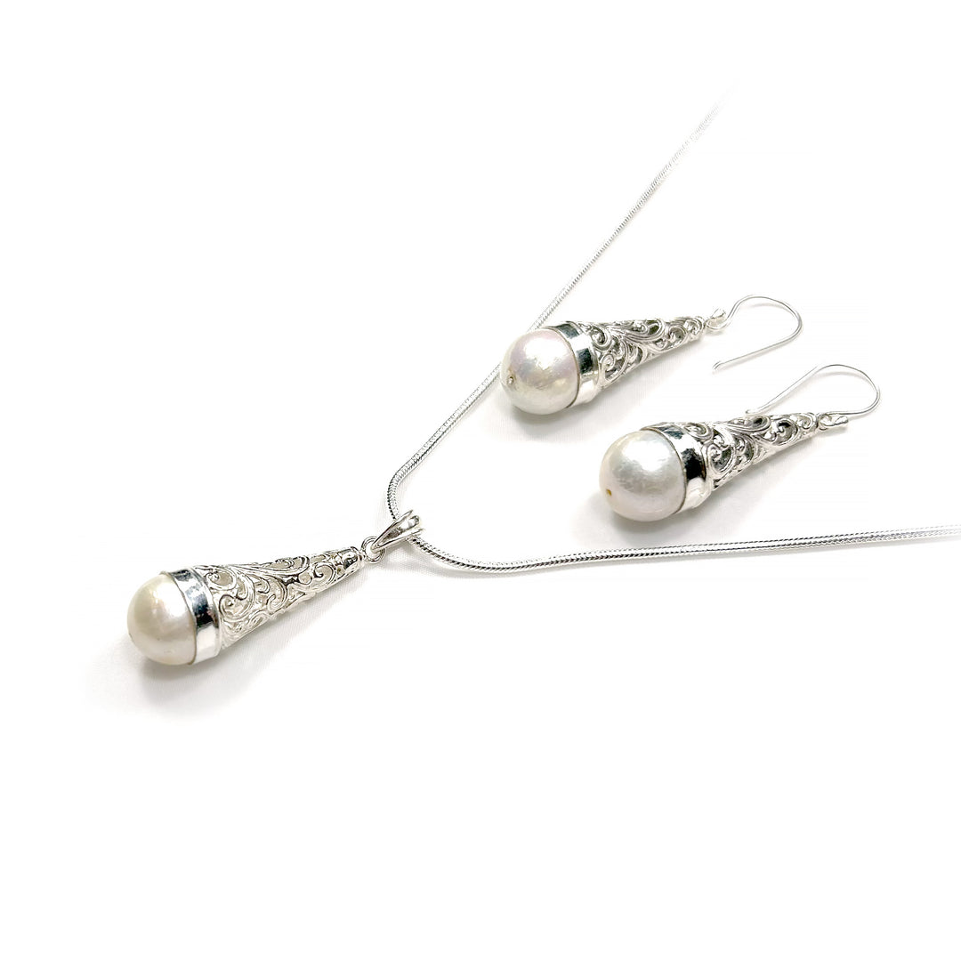South Sea Pearl Filligree Drop Earrings and Pendant Set