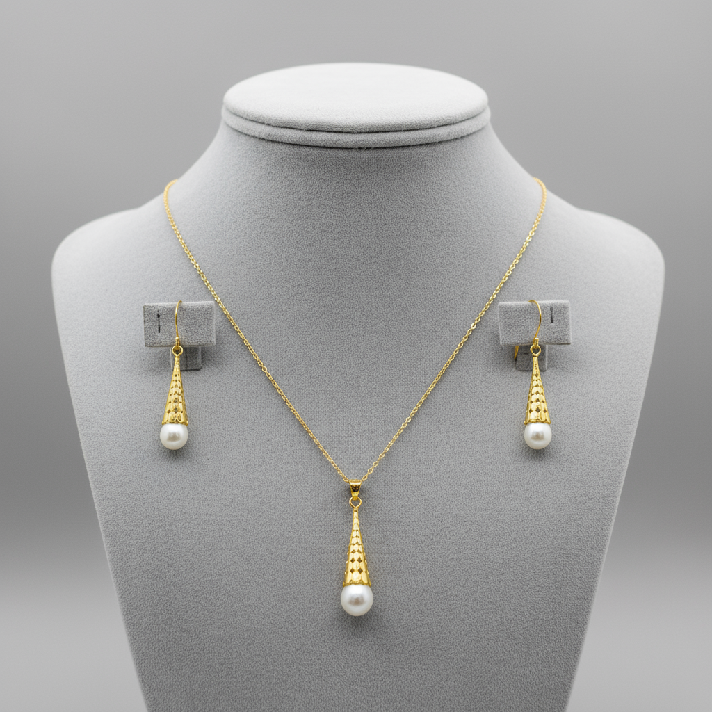 Fresh Water Pearl Drop Eearrings and Pendant in 14ct Gold plate on Silver