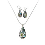 Load image into Gallery viewer, Abalone Shell insets with silver and Peridot Lotus Detail Earring and Pendant Set
