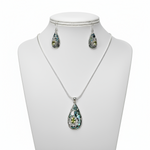 Load image into Gallery viewer, Abalone Shell insets with silver and Peridot Lotus Detail Earring and Pendant Set
