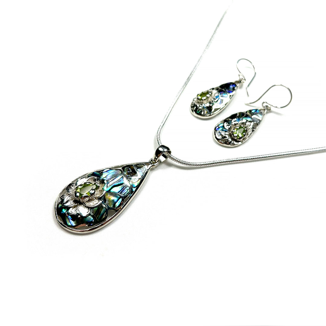Abalone Shell insets with silver and Peridot Lotus Detail Earring and Pendant Set