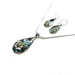 Load image into Gallery viewer, Abalone Shell insets with silver and Peridot Lotus Detail Earring and Pendant Set
