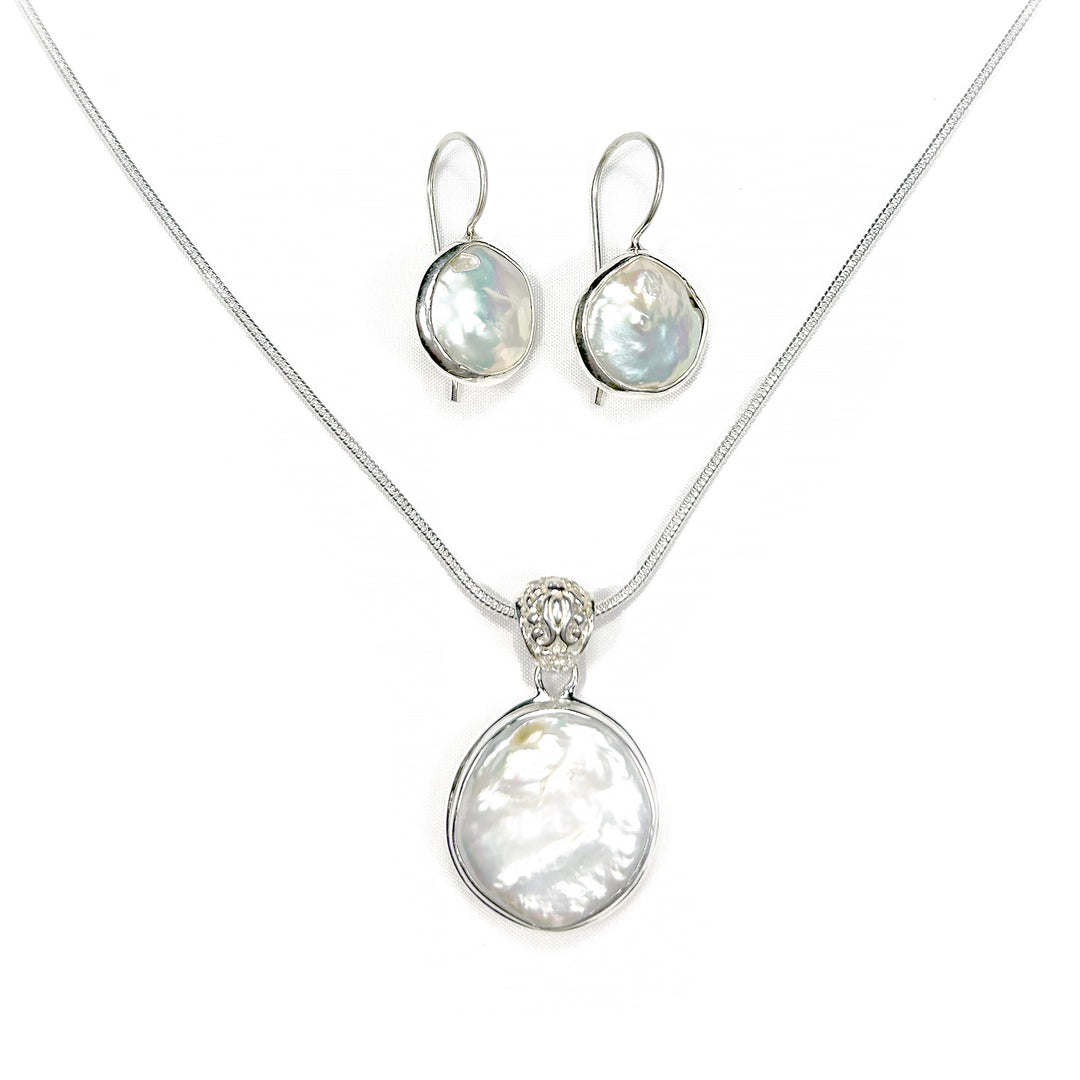Coin Pearl Earring and Pendant Set in Sterling Silver