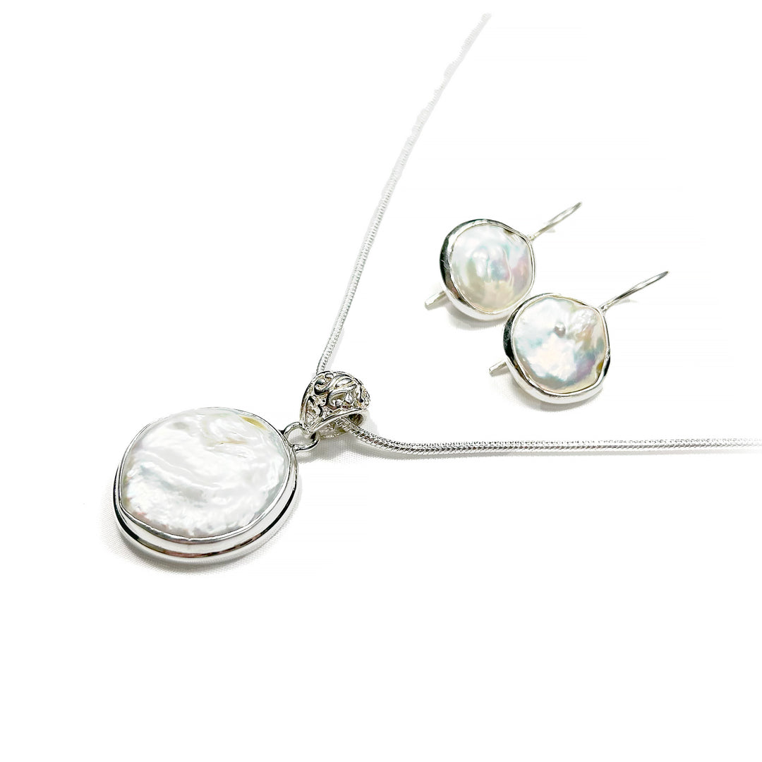 Coin Pearl Earring and Pendant Set in Sterling Silver
