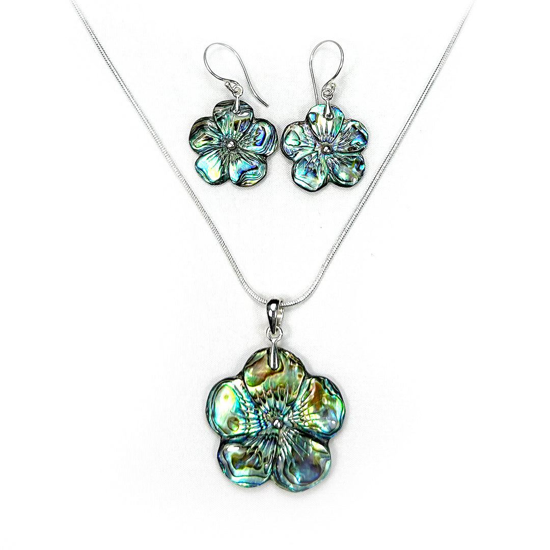 Abalone Shell Carved Flower earrings and Pendant Set