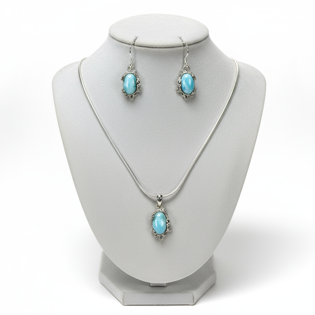 Larimar octopus pendant and earring set in sterling silver