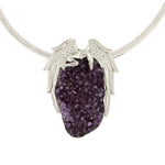 Load image into Gallery viewer, Large Amethyst Crystal Drusy Pendant with Silver Sleeping Angel Design
