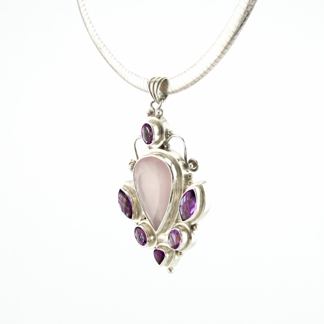 Large Pendant of Rose Quartz Gemstone surrounded by Amethysts in Silver
