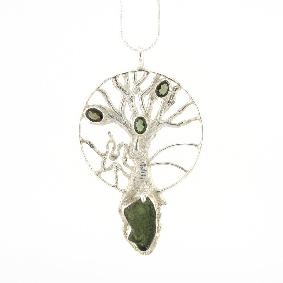 Moldavite Tree of Life Pendant with Rough and Faceted gem Moldavite