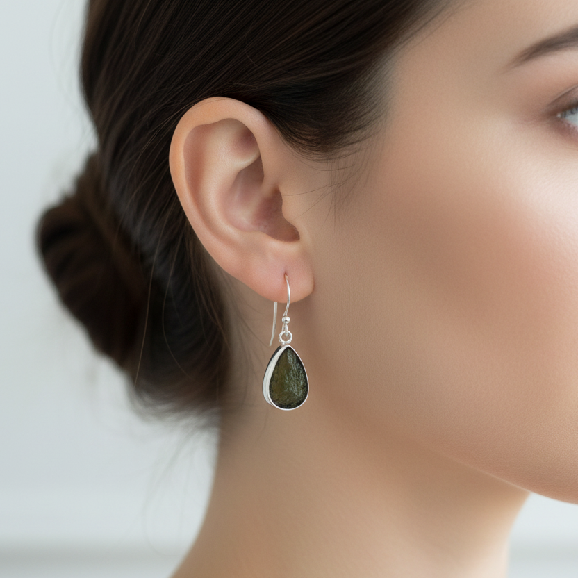Moldavite Rough Drop Earrings