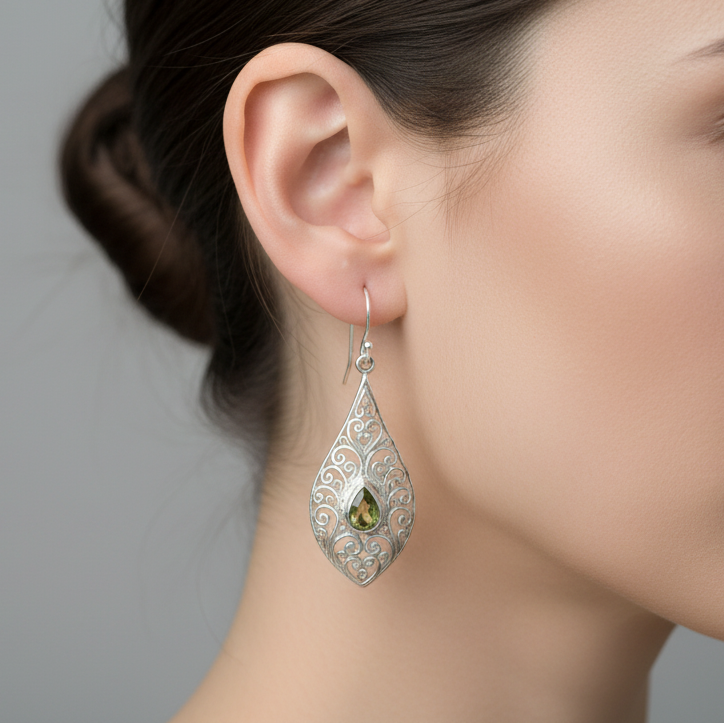Peridot in silver filligree drop earrings