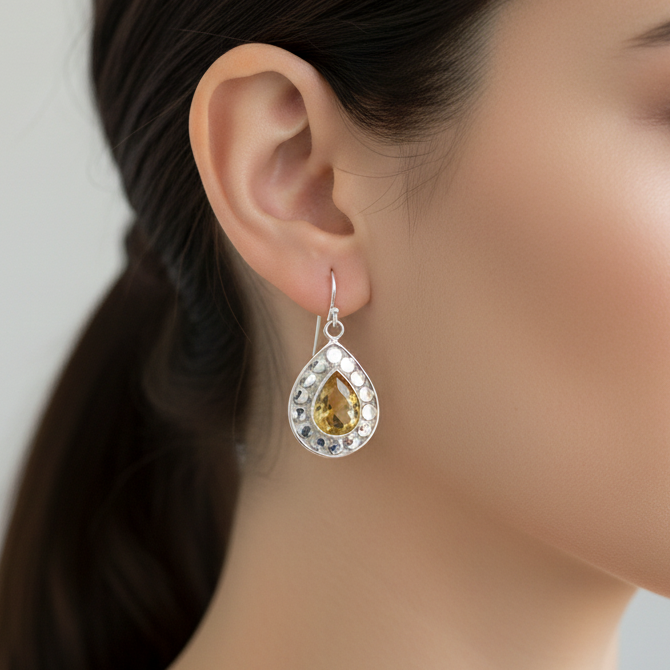 Citrine Drop Earrings Set With Circles Of Sterling Silver