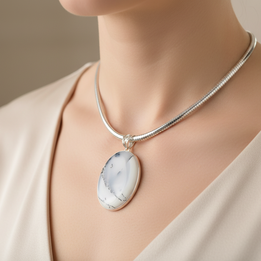 Dendritic agate pendant in silver