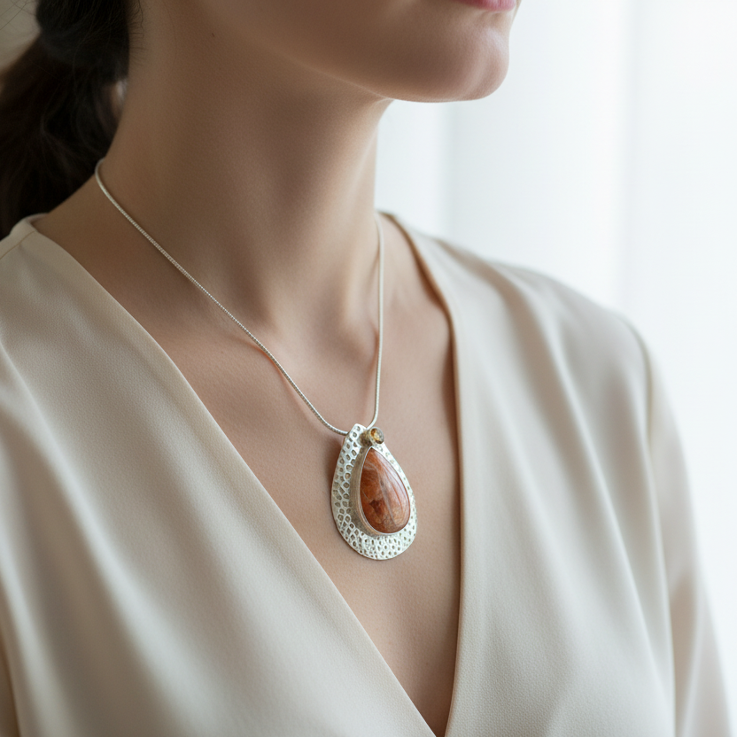 Sunstone and citrine pendant in hammered silver design