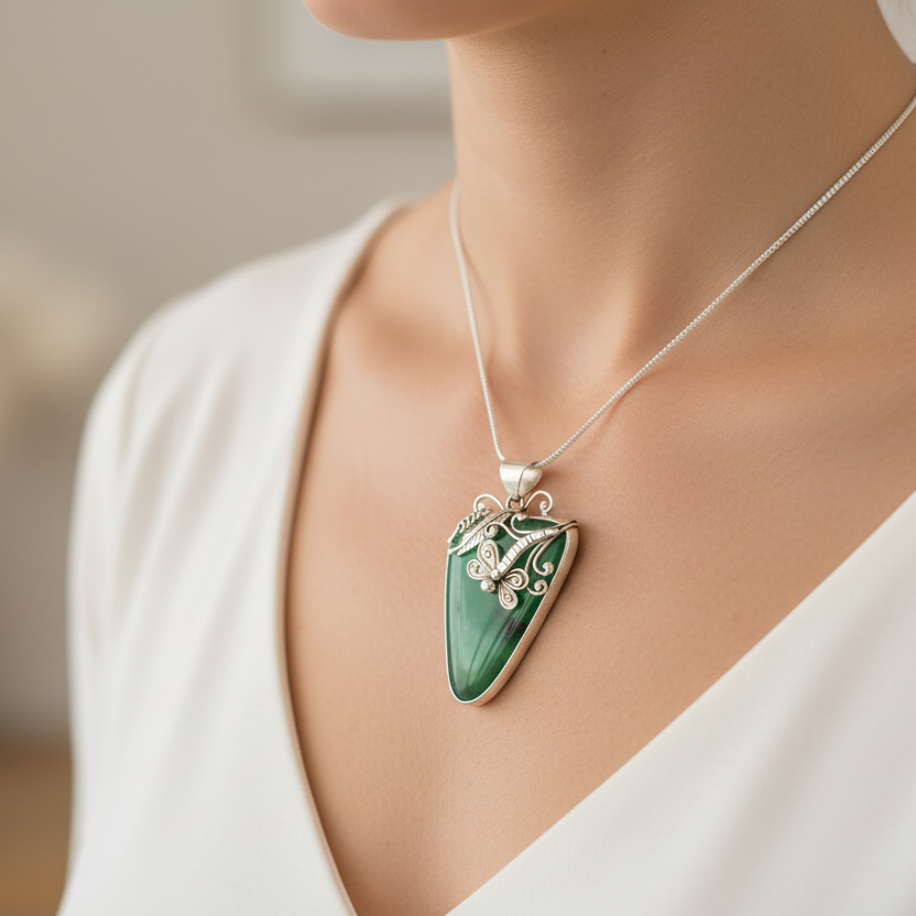 Australian chrysoprase pendant with silver dragonfly detail