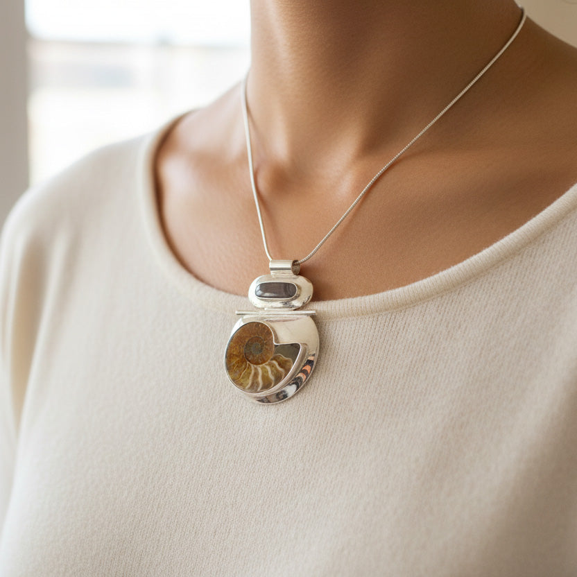 Ammonite fossil pendant set in contemporary silver design