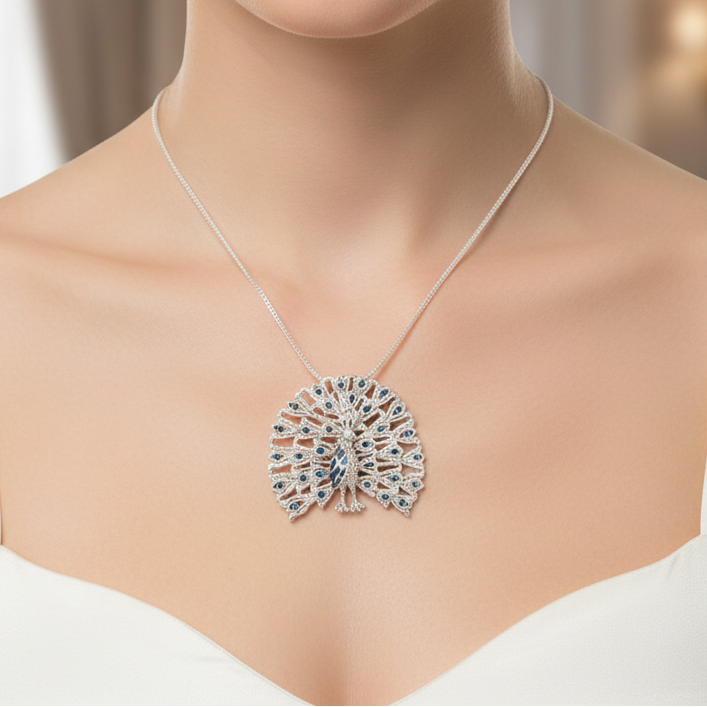 Necklace with a peacock feather pendant on a mannequin