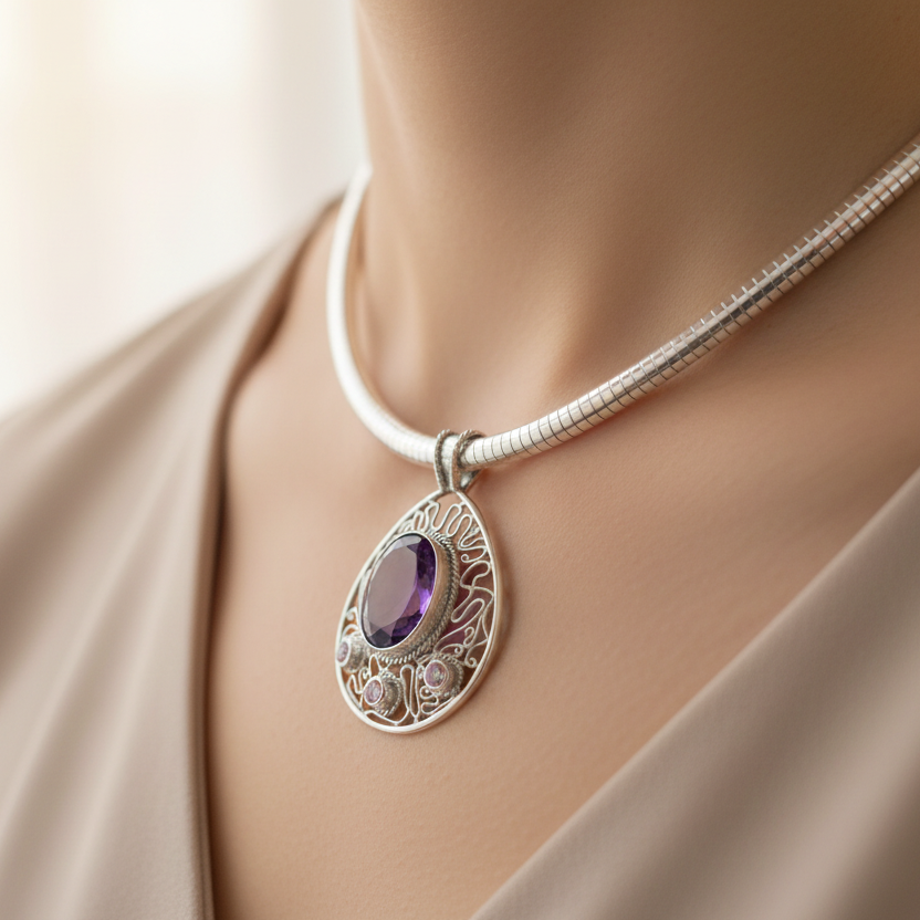 Amethyst Gemstone Pendant With Filligree Design