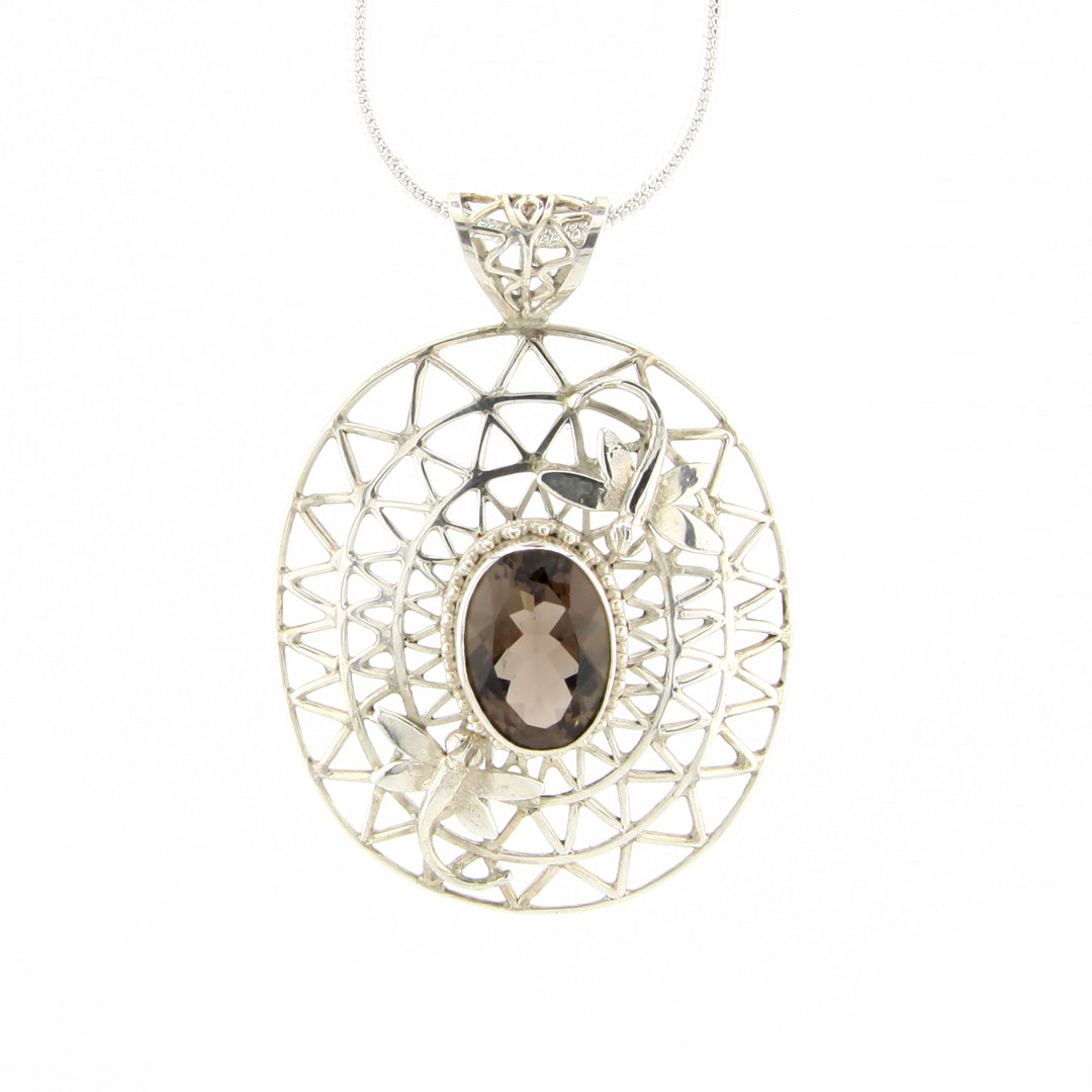 Smokey Quartz Gemstone Pendant With Silver Pattern And Dragonflies ...