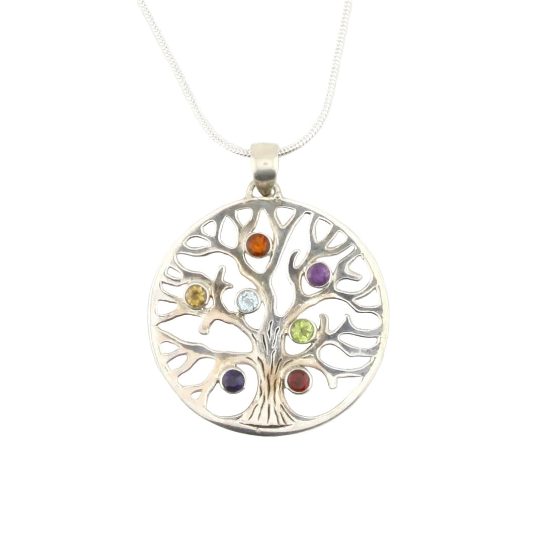 Chakra Tree Of Life Silver Pendant With 7 Chakra Gemstones